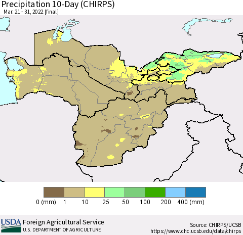 Central Asia Precipitation 10-Day (CHIRPS) Thematic Map For 3/21/2022 - 3/31/2022