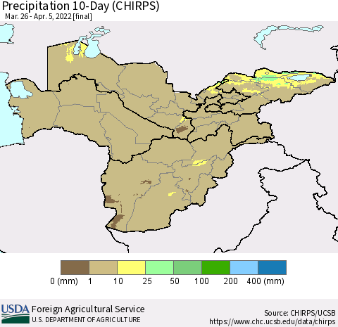 Central Asia Precipitation 10-Day (CHIRPS) Thematic Map For 3/26/2022 - 4/5/2022
