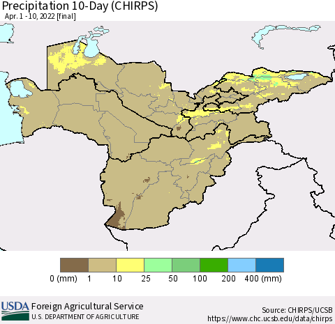 Central Asia Precipitation 10-Day (CHIRPS) Thematic Map For 4/1/2022 - 4/10/2022
