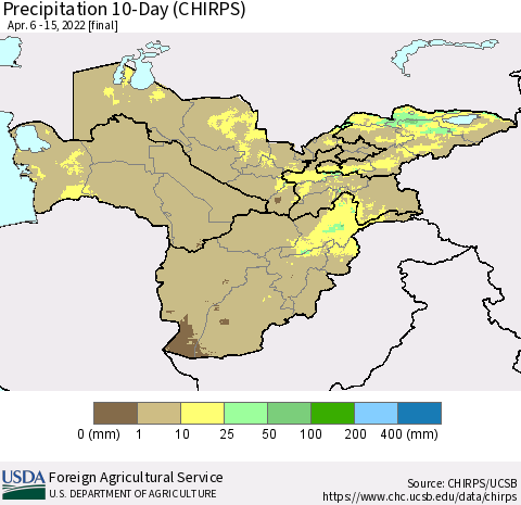 Central Asia Precipitation 10-Day (CHIRPS) Thematic Map For 4/6/2022 - 4/15/2022
