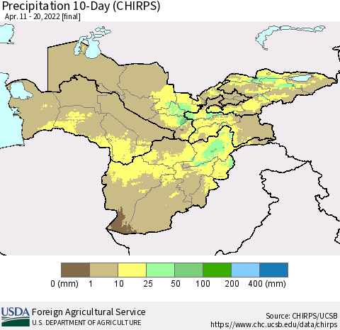 Central Asia Precipitation 10-Day (CHIRPS) Thematic Map For 4/11/2022 - 4/20/2022