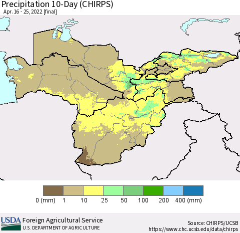 Central Asia Precipitation 10-Day (CHIRPS) Thematic Map For 4/16/2022 - 4/25/2022