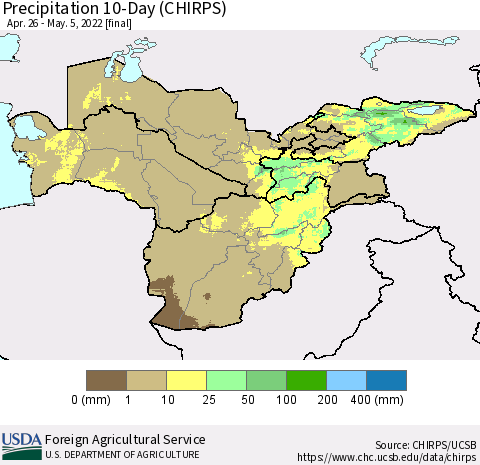 Central Asia Precipitation 10-Day (CHIRPS) Thematic Map For 4/26/2022 - 5/5/2022