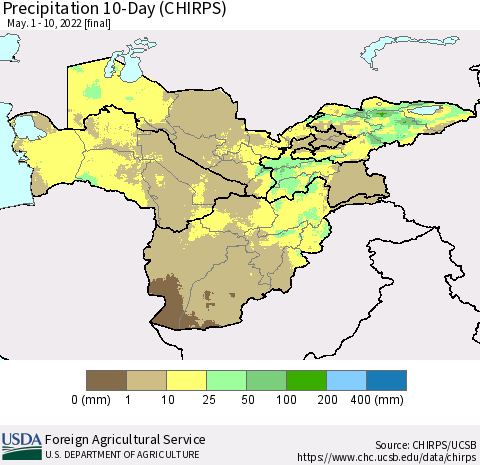 Central Asia Precipitation 10-Day (CHIRPS) Thematic Map For 5/1/2022 - 5/10/2022
