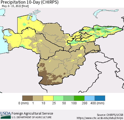Central Asia Precipitation 10-Day (CHIRPS) Thematic Map For 5/6/2022 - 5/15/2022
