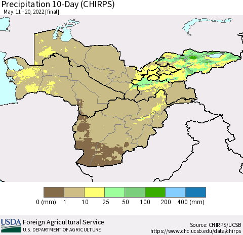 Central Asia Precipitation 10-Day (CHIRPS) Thematic Map For 5/11/2022 - 5/20/2022