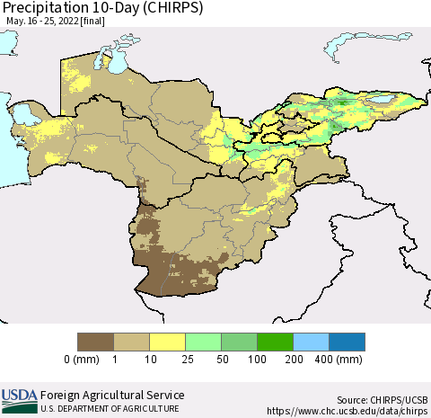 Central Asia Precipitation 10-Day (CHIRPS) Thematic Map For 5/16/2022 - 5/25/2022
