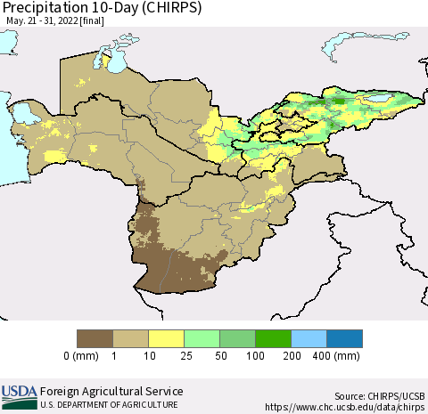 Central Asia Precipitation 10-Day (CHIRPS) Thematic Map For 5/21/2022 - 5/31/2022