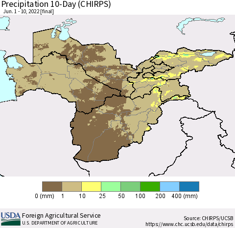 Central Asia Precipitation 10-Day (CHIRPS) Thematic Map For 6/1/2022 - 6/10/2022