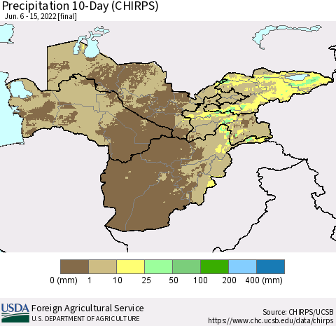 Central Asia Precipitation 10-Day (CHIRPS) Thematic Map For 6/6/2022 - 6/15/2022
