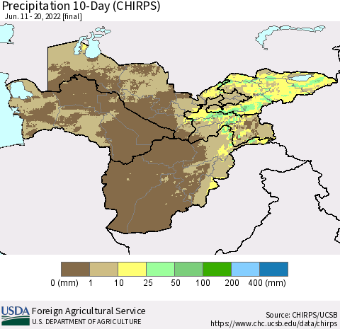 Central Asia Precipitation 10-Day (CHIRPS) Thematic Map For 6/11/2022 - 6/20/2022