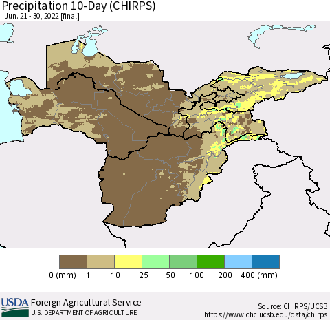 Central Asia Precipitation 10-Day (CHIRPS) Thematic Map For 6/21/2022 - 6/30/2022