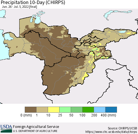 Central Asia Precipitation 10-Day (CHIRPS) Thematic Map For 6/26/2022 - 7/5/2022