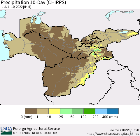 Central Asia Precipitation 10-Day (CHIRPS) Thematic Map For 7/1/2022 - 7/10/2022