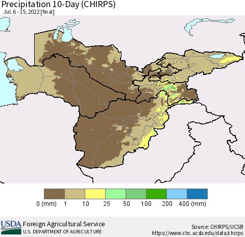 Central Asia Precipitation 10-Day (CHIRPS) Thematic Map For 7/6/2022 - 7/15/2022