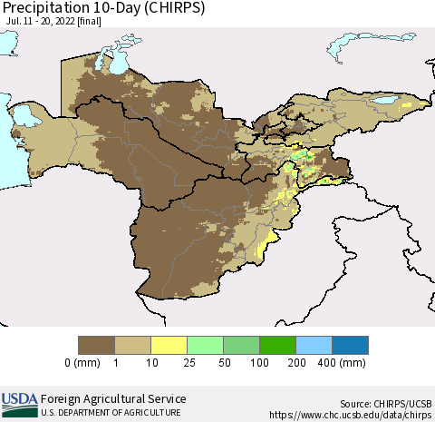 Central Asia Precipitation 10-Day (CHIRPS) Thematic Map For 7/11/2022 - 7/20/2022