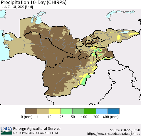 Central Asia Precipitation 10-Day (CHIRPS) Thematic Map For 7/21/2022 - 7/31/2022