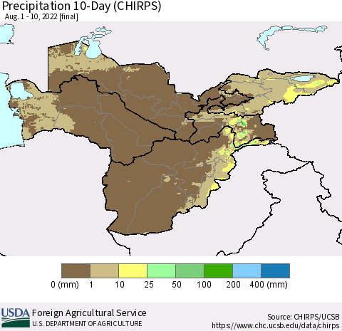 Central Asia Precipitation 10-Day (CHIRPS) Thematic Map For 8/1/2022 - 8/10/2022