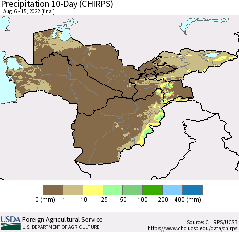 Central Asia Precipitation 10-Day (CHIRPS) Thematic Map For 8/6/2022 - 8/15/2022