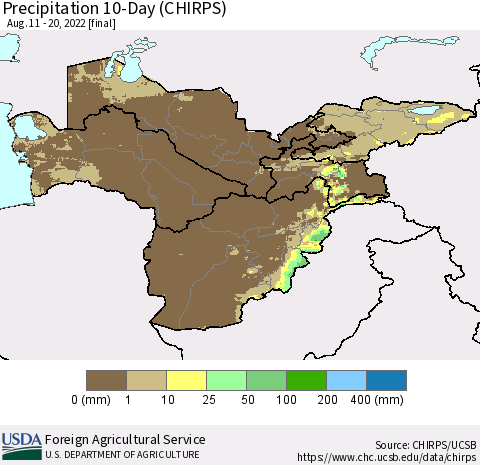 Central Asia Precipitation 10-Day (CHIRPS) Thematic Map For 8/11/2022 - 8/20/2022