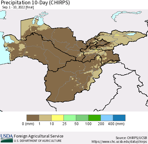 Central Asia Precipitation 10-Day (CHIRPS) Thematic Map For 9/1/2022 - 9/10/2022