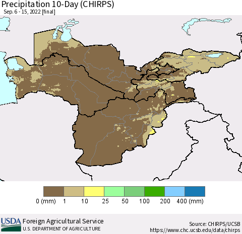 Central Asia Precipitation 10-Day (CHIRPS) Thematic Map For 9/6/2022 - 9/15/2022