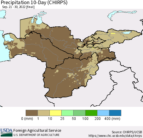 Central Asia Precipitation 10-Day (CHIRPS) Thematic Map For 9/21/2022 - 9/30/2022