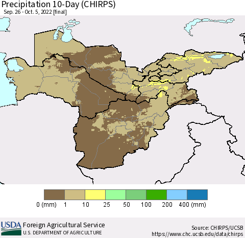 Central Asia Precipitation 10-Day (CHIRPS) Thematic Map For 9/26/2022 - 10/5/2022