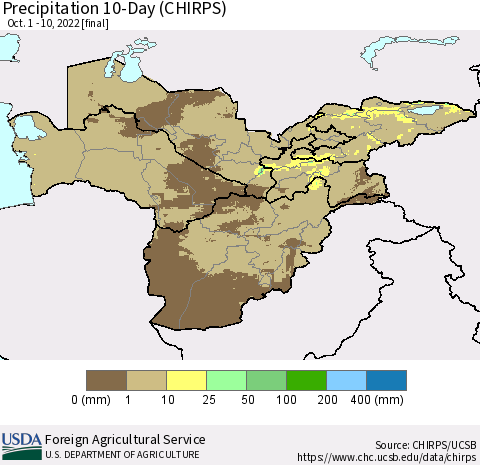 Central Asia Precipitation 10-Day (CHIRPS) Thematic Map For 10/1/2022 - 10/10/2022
