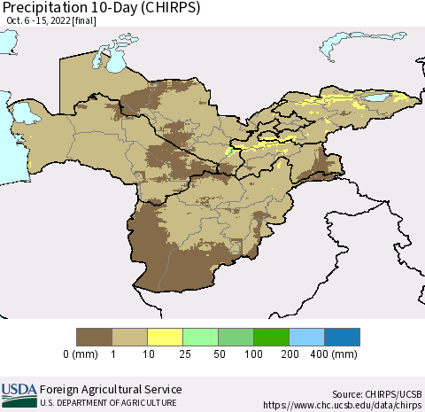 Central Asia Precipitation 10-Day (CHIRPS) Thematic Map For 10/6/2022 - 10/15/2022
