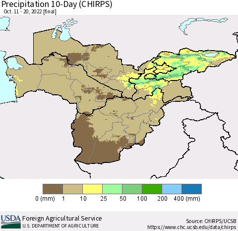 Central Asia Precipitation 10-Day (CHIRPS) Thematic Map For 10/11/2022 - 10/20/2022