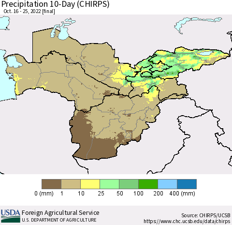 Central Asia Precipitation 10-Day (CHIRPS) Thematic Map For 10/16/2022 - 10/25/2022