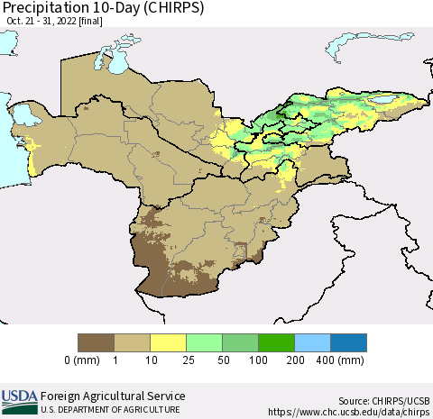 Central Asia Precipitation 10-Day (CHIRPS) Thematic Map For 10/21/2022 - 10/31/2022
