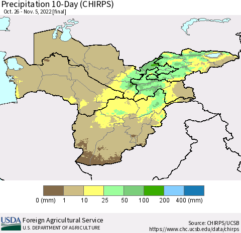 Central Asia Precipitation 10-Day (CHIRPS) Thematic Map For 10/26/2022 - 11/5/2022