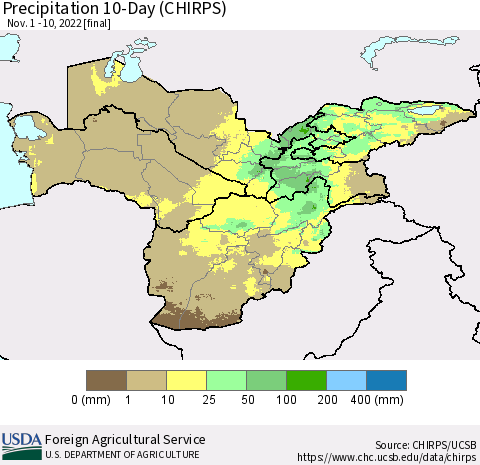 Central Asia Precipitation 10-Day (CHIRPS) Thematic Map For 11/1/2022 - 11/10/2022