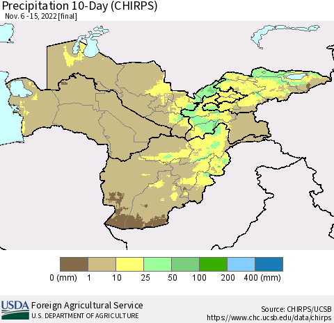 Central Asia Precipitation 10-Day (CHIRPS) Thematic Map For 11/6/2022 - 11/15/2022