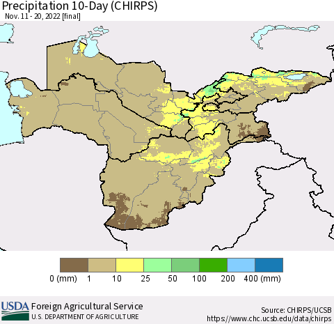 Central Asia Precipitation 10-Day (CHIRPS) Thematic Map For 11/11/2022 - 11/20/2022