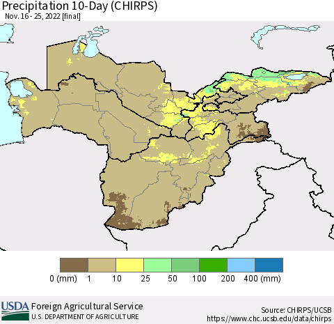 Central Asia Precipitation 10-Day (CHIRPS) Thematic Map For 11/16/2022 - 11/25/2022