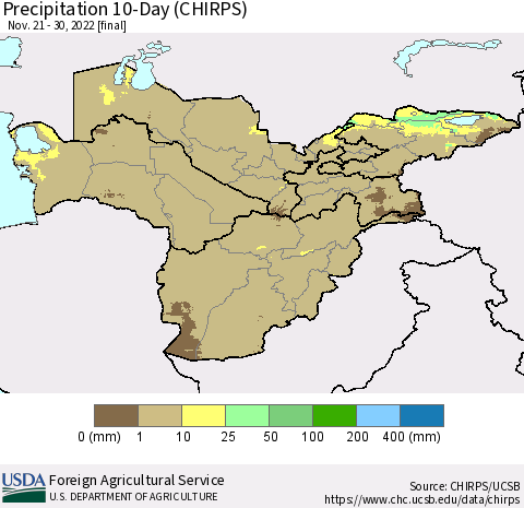 Central Asia Precipitation 10-Day (CHIRPS) Thematic Map For 11/21/2022 - 11/30/2022
