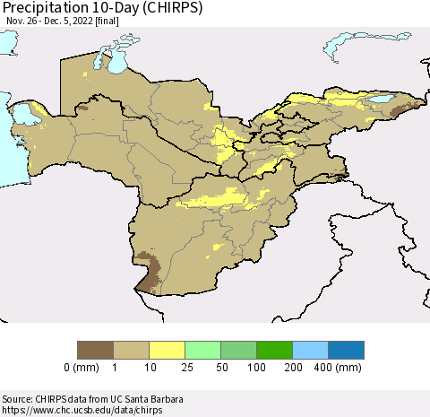 Central Asia Precipitation 10-Day (CHIRPS) Thematic Map For 11/26/2022 - 12/5/2022
