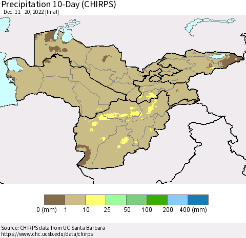 Central Asia Precipitation 10-Day (CHIRPS) Thematic Map For 12/11/2022 - 12/20/2022