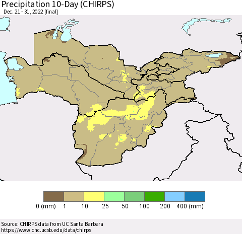 Central Asia Precipitation 10-Day (CHIRPS) Thematic Map For 12/21/2022 - 12/31/2022