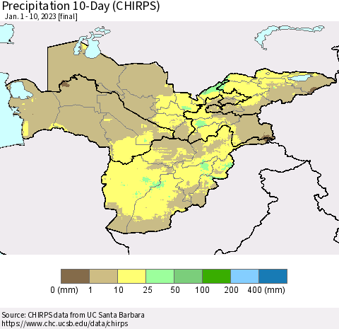 Central Asia Precipitation 10-Day (CHIRPS) Thematic Map For 1/1/2023 - 1/10/2023