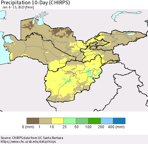 Central Asia Precipitation 10-Day (CHIRPS) Thematic Map For 1/6/2023 - 1/15/2023