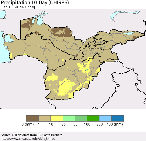 Central Asia Precipitation 10-Day (CHIRPS) Thematic Map For 1/11/2023 - 1/20/2023