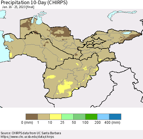 Central Asia Precipitation 10-Day (CHIRPS) Thematic Map For 1/16/2023 - 1/25/2023