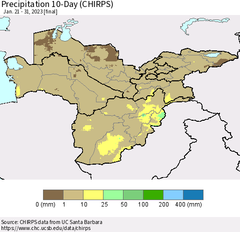 Central Asia Precipitation 10-Day (CHIRPS) Thematic Map For 1/21/2023 - 1/31/2023