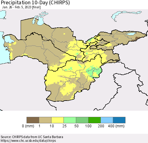 Central Asia Precipitation 10-Day (CHIRPS) Thematic Map For 1/26/2023 - 2/5/2023