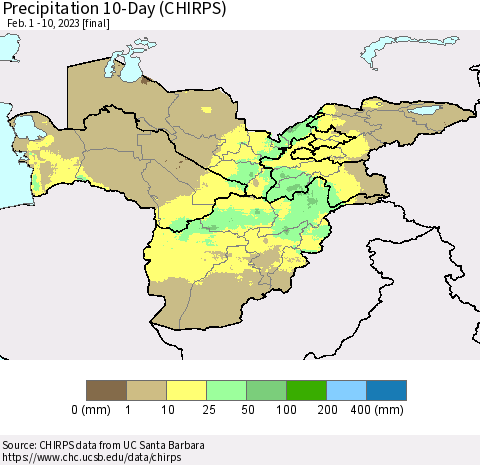 Central Asia Precipitation 10-Day (CHIRPS) Thematic Map For 2/1/2023 - 2/10/2023