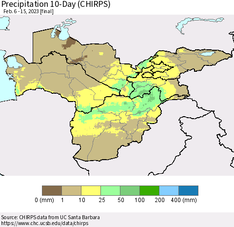 Central Asia Precipitation 10-Day (CHIRPS) Thematic Map For 2/6/2023 - 2/15/2023
